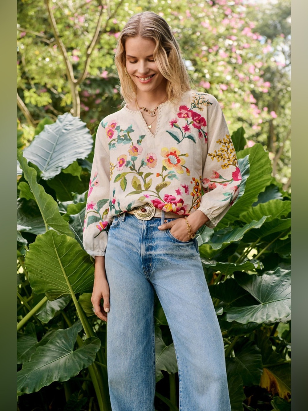 NWT JOHNNY WAS Linen Floral Embroidered Split V-Neck 3/4 Sleeve Blouse